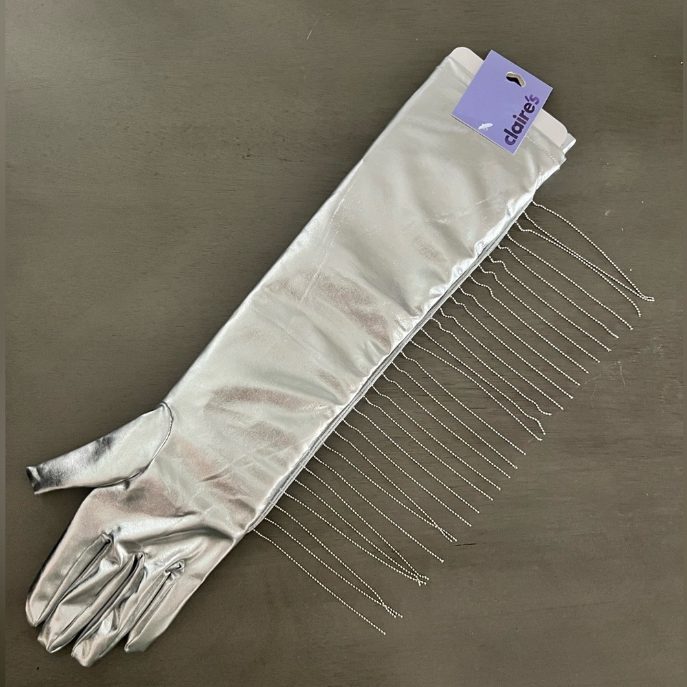 NWT Claire's long silver gloves with metal fringe!!!